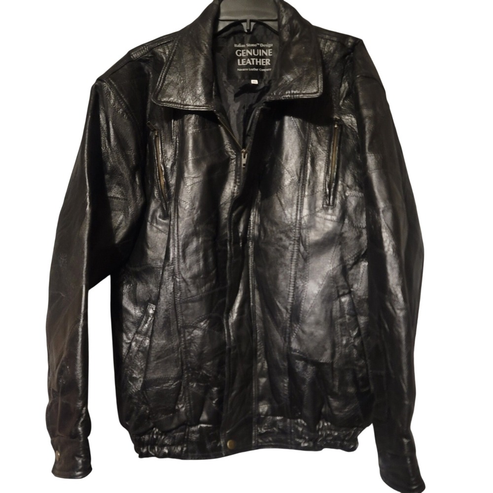 Italian Stone Design Navarre‎ Leather Mens XL Black Patchwork Bomber Jacket Zip